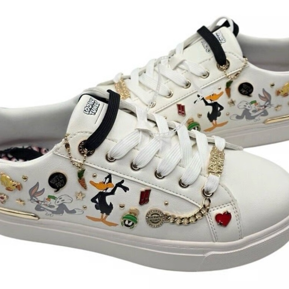 White Sneakers with Cartoon and Gold Chain Accents